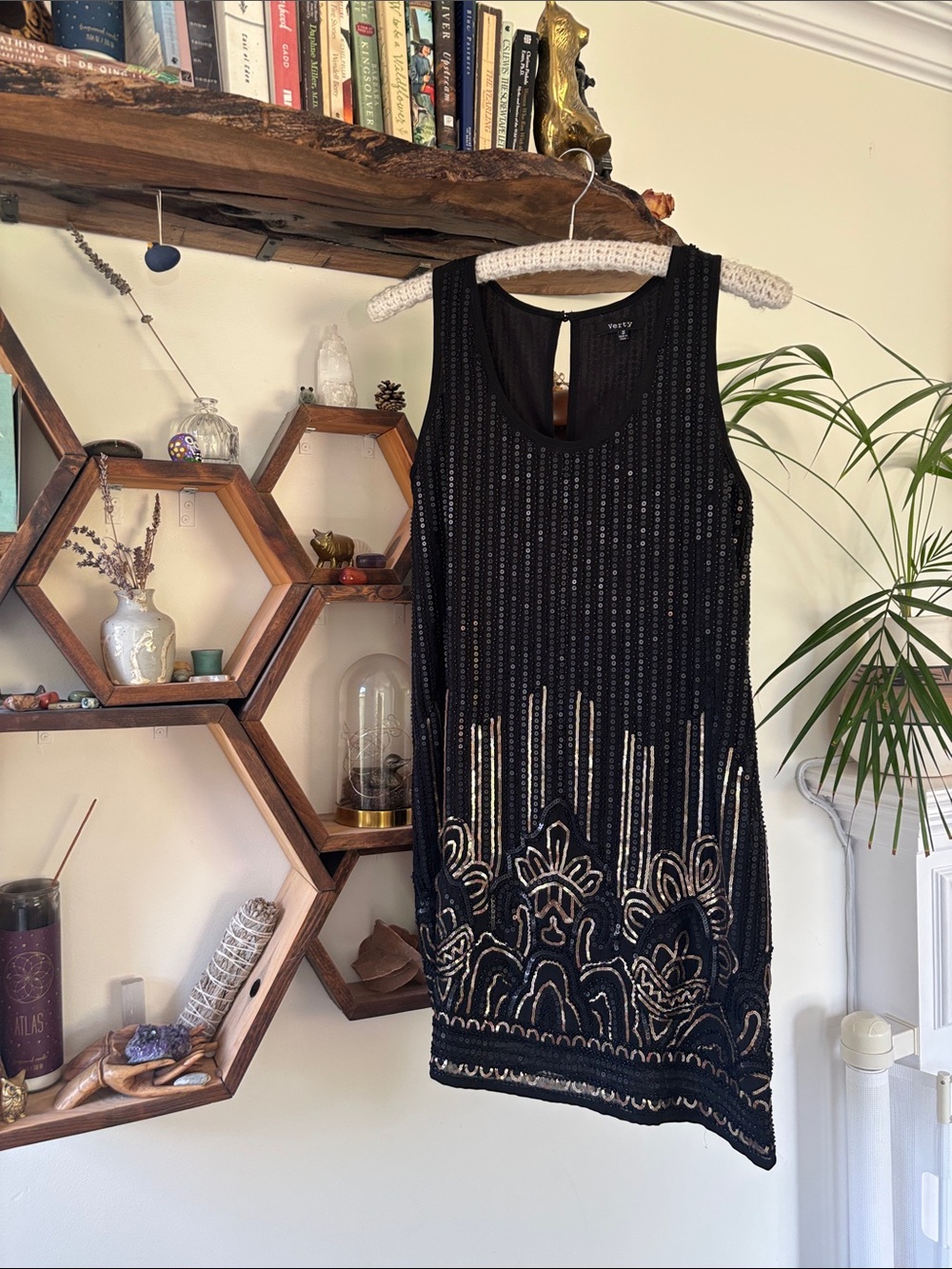 Women’s Black Beaded Cocktail Dress with Gold Accents